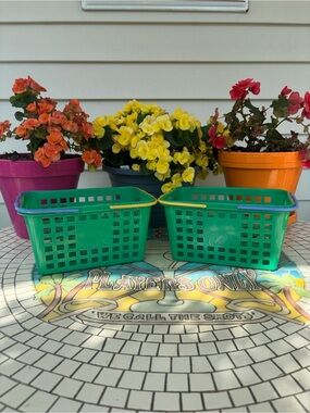 Vintage Green Plastic Shopping Basket Pair Folding Handle Grocery Store Marke